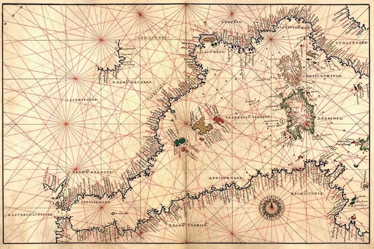 Picture of PORTOLAN OR NAVIGATIONAL MAP OF THE WESTERN MEDITERRANEAN FROM GIBRALTAR TO PIEDMONT AND SARDINIA