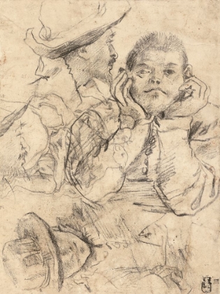 Picture of FOUR STUDIES OF HEADS DRAWN OVER A COPY OF SAINT JOHN THE EVANGELIST BY CORREGGIO (RECTO); THREE STU