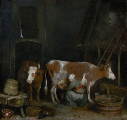 Picture of A MAID MILKING A COW IN A BARN