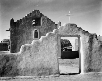 Picture of FULL SIDE VIEW OF ENTRANCE WITH GATE TO THE RIGHT, CHURCH, TAOS PUEBLO NATIONAL HISTORIC LANDMARK, N