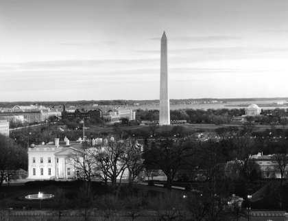 Picture of DAWN OVER THE WHITE HOUSE, WASHINGTON MONUMENT, AND JEFFERSON MEMORIAL, WASHINGTON, D.C. - BLACK AND