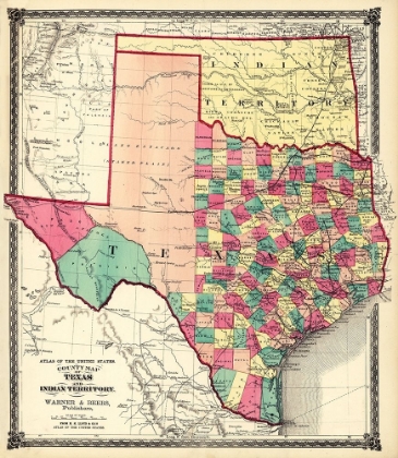 Picture of COUNTY MAP OF TEXAS, AND INDIAN TERRITORY, 1874