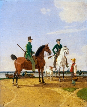 Picture of HUNTER AND LORD AT THE RIVER ISAR WITH VIEW OF MUNICH