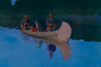 Picture of EVENING ON A CANADIAN LAKE-TWO MEN AND A DOG IN A CANOE
