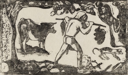 Picture of TAHITIAN CARRYING BANANAS, FROM THE SUITE OF LATE WOOD-BLOCK
