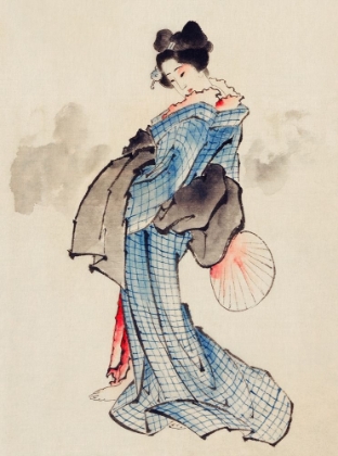 Picture of WOMAN, FULL-LENGTH PORTRAIT, WEARING KIMONO WITH CHECK DESIGN