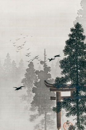 Picture of FLOCK OF BIRDS AND A TORII GATE IN A PINE TREE FOREST