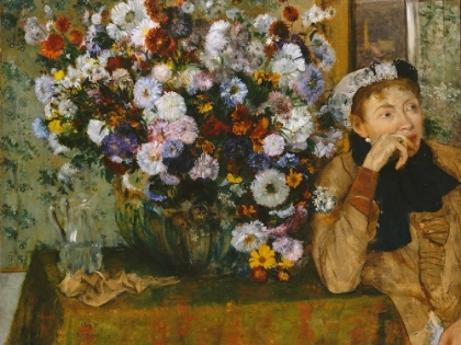 Picture of A WOMAN SEATED BESIDE A VASE OF FLOWERS