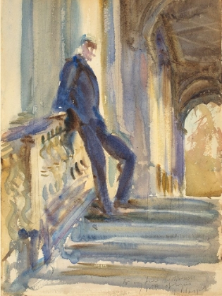 Picture of SIR NEVILLE WILKINSON ON THE STEPS OF THE PALLADIAN BRIDGE AT WILTON HOUSE