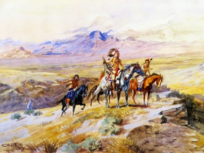 Picture of INDIANS SCOUTING A WAGON TRAIN