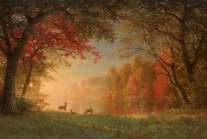 Picture of INDIAN SUNSET, DEER BY A LAKE