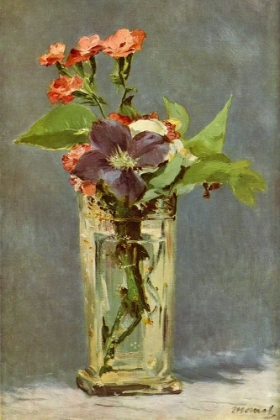 Picture of CARNATIONS AND CLEMATIS IN A CRYSTAL VASE