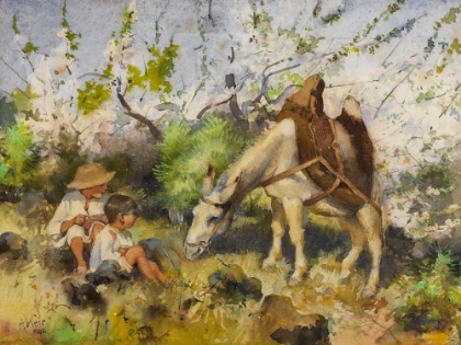 Picture of SUMMER LANDSCAPE WITH CHILDREN AND DONKEY