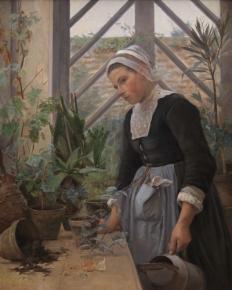 Picture of BRITTANY GIRL ARRANGES PLANTS IN A GREENHOUSE