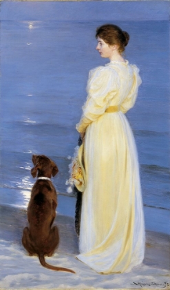Picture of SUMMER EVENING AT SKAGEN. THE ARTISTS WIFE AND DOG BY THE SHORE