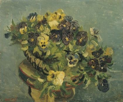 Picture of BASKET OF PANSIES ON A SMALL TABLE