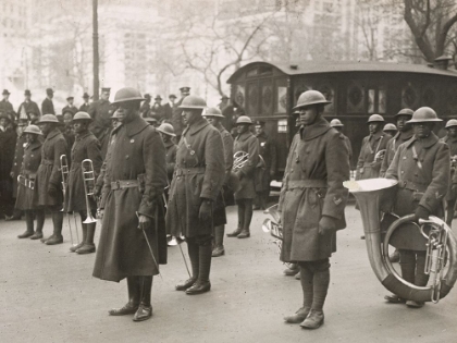 Picture of WWI LIEUTENANT JAMES EUROPE AND HIS FAMOUS JAZZ BAND OF THE 369TH COLORED INFANTRY IN THE PARADE ON 