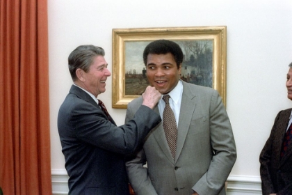 Picture of PRESIDENT RONALD REAGAN PUNCHING MUHAMMAD ALI IN THE OVAL OFFICE