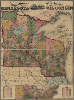 Picture of RAILROAD AND POST OFFICE MAP OF MINNESOTA AND WISCONSIN 1871