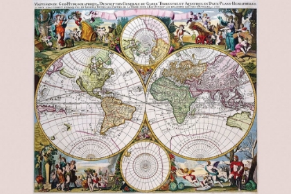 Picture of STEREOGRAPHIC MAP OF THE WORLD WITH CLASSICAL ILLUSTRATION