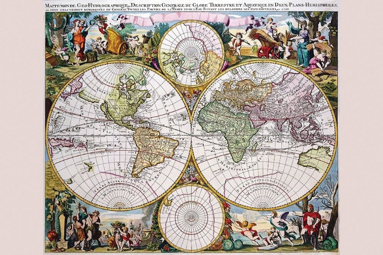 Picture of STEREOGRAPHIC MAP OF THE WORLD WITH CLASSICAL ILLUSTRATION