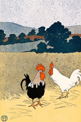 Picture of TWO ROOSTERS IN A FIELD
