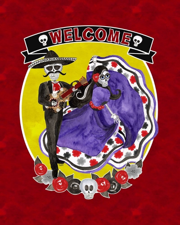 Picture of DAY OF THE DEAD PORTRAIT VI-SUGAR SKULL COUPLE WELCOME RED