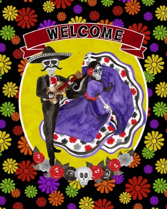 Picture of DAY OF THE DEAD PORTRAIT VIII-SUGAR SKULL COUPLE WELCOME FLOWERS