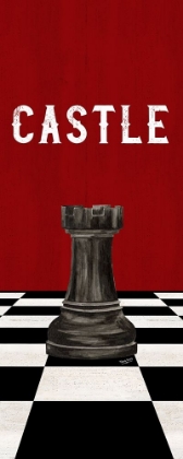 Picture of RATHER BE PLAYING CHESS PIECES BLACK ON RED PANEL II-CASTLE