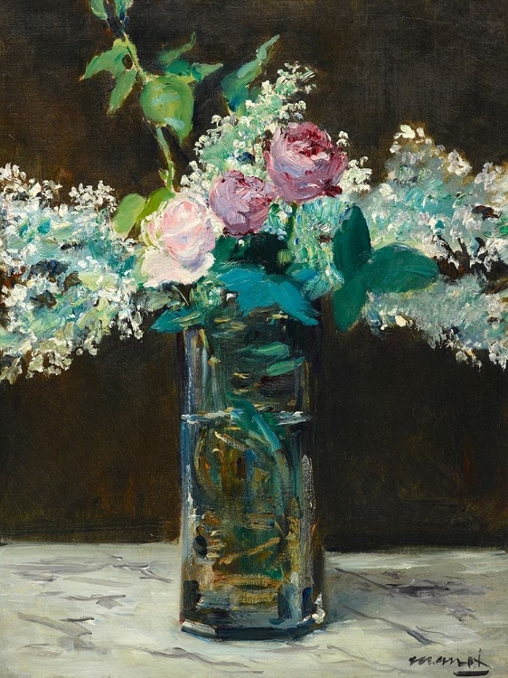Picture of VASE OF WHITE LILACS AND ROSE