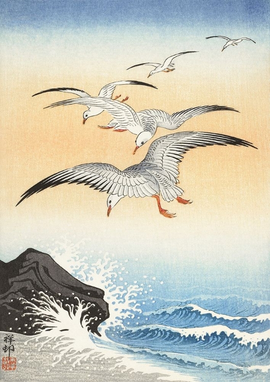 Picture of FIVE SEAGULLS ABOVE TURBULENT SEA