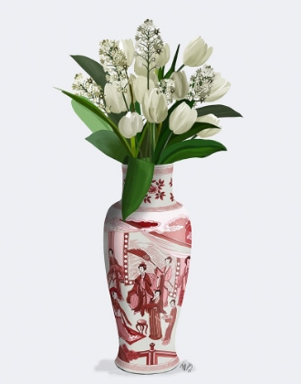 Picture of CHINOISERIE TULIPS WHITE, HYACINTH WHITE, RED VASE