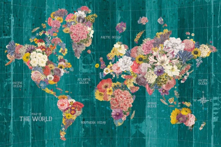 Picture of BOTANICAL FLORAL MAP WORDS AQUA