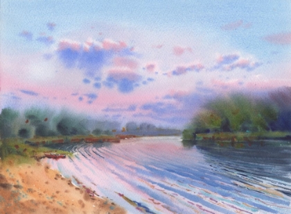Picture of WATERCOLOR LANDSCAPE BY THE RIVER
