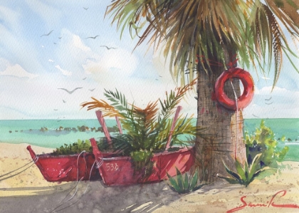 Picture of BOATS NEAR PALM TREES WATERCOLOR PAINTING