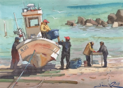 Picture of BOAT WITH FISHERMEN WATERCOLOR PAINTING