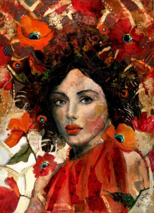 Picture of LADY WITH RED AND ORANGE FLOWERS