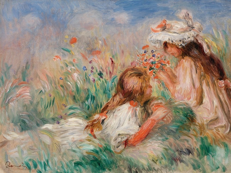 Picture of GIRLS IN THE GRASS ARRANGING A BOUQUET