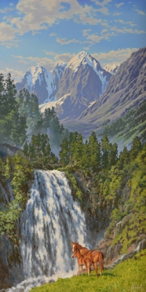 Picture of HORSES BY WATERFALL IN THE MOUNTAINS