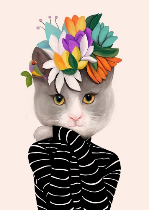 Picture of CAT WITH FLOWERS AND FINCH
