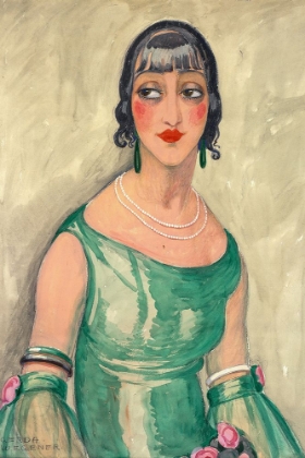 Picture of PORTRAIT OF WOMAN IN GREEN DRESS AND PEARLS