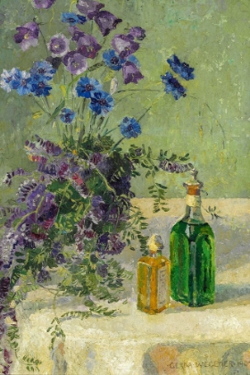 Picture of STILL LIFE WITH BLUE FLOWERS AND TWO BOTTLES ON A TABLE