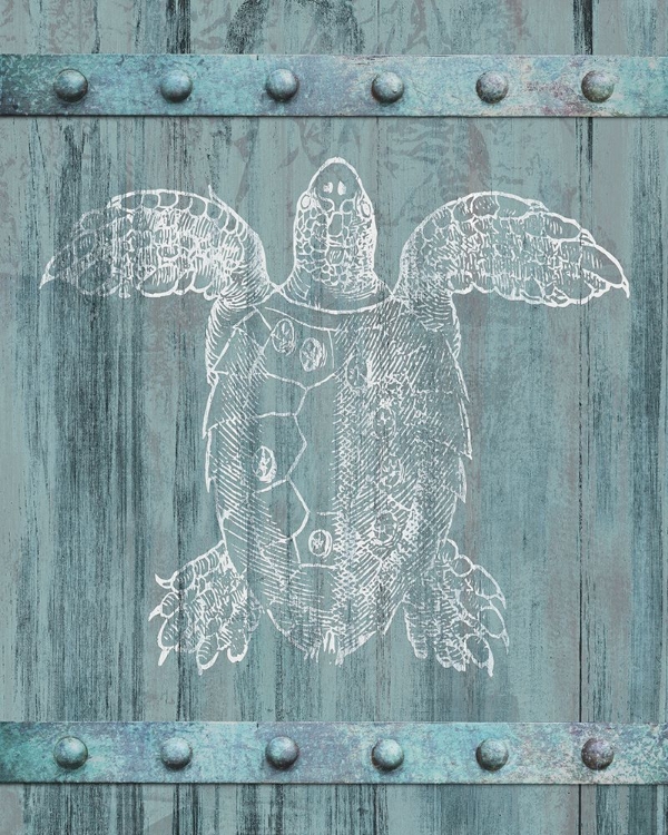 Picture of WHITE TURTLE PAINTED ON BLUE WOOD