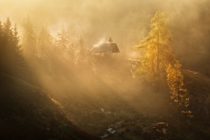Picture of ALPINE CHURCH IN THE MORNING FOG