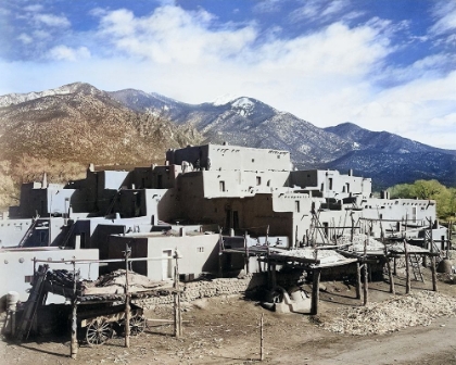 Picture of FULL VIEW OF CITY-MOUNTAINS IN BACKGROUND-TAOS PUEBLO NATIONAL HISTORIC LANDMARK COLOR