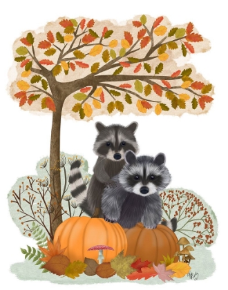 Picture of RACCOONS ON PUMPKINS UNDER TREE