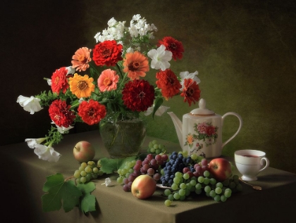 Picture of STILL LIFE WITH A BOUQUET OF ZINNIAS AND FRUIT