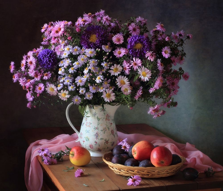 Picture of STILL LIFE WITH A BOUQUET OF CHRYSANTHEMUMS AND FRUITS