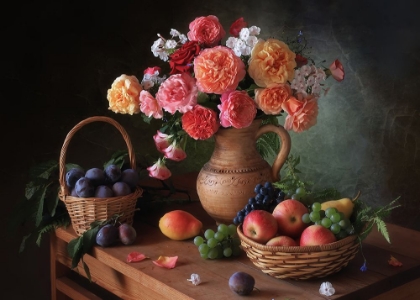 Picture of STILL LIFE WITH FLOWERS AND AUTUMN FRUITS