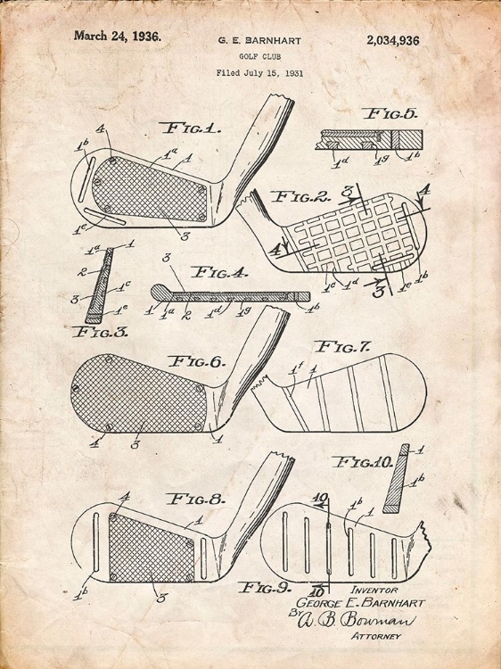 Picture of PP4-VINTAGE PARCHMENT GOLF CLUB FACES PATENT POSTER